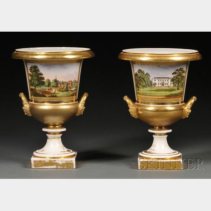 Pair of Paris Porcelain Topographically Decorated Urns