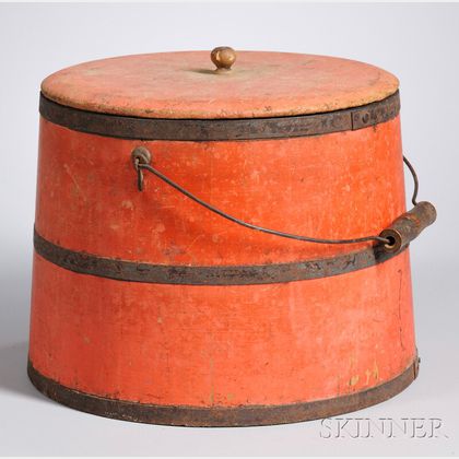 Red-painted Iron-bound Wood Stave Pail with Cover
