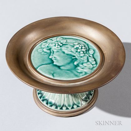 Low Tile and Metal Manufacturing Co. Brass Bowl with Inlaid Art Tile and Art Tile Pedestal 