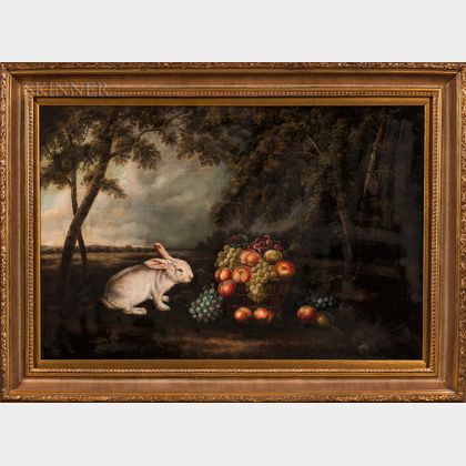 Anglo-American School, 20th Century Landscape with White Rabbit and Fruit Still Life