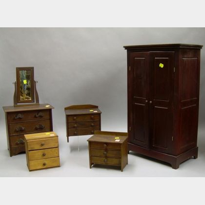 Salesmans Sample Two-Door Cupboard and Four Assorted Wooden Doll Furniture Chests of Drawers. 