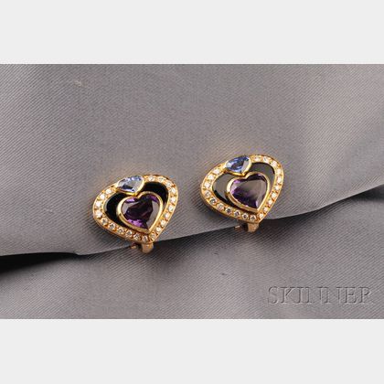 18kt Gold, Amethyst, and Sapphire Earclips, Marina B., France