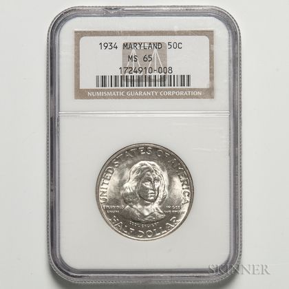1934 Maryland Commemorative Half Dollar, NGC MS65. Estimate $100-150