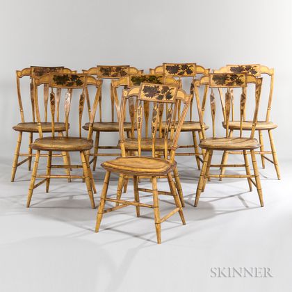 Set of Eight Yellow-painted and Decorated Arrow-back Side Chairs
