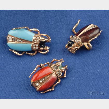 Three Antique Enamel and Gem-set Insect Brooches