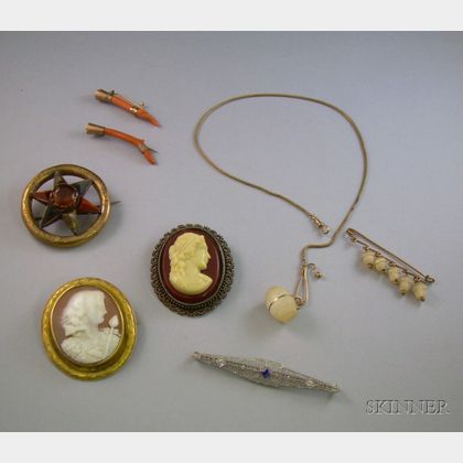 14kt Gold Lacework Bar Pin, a Pair of Coral Branch Pins, a Scottish Agate Brooch, an Early Plastic Cameo Brooch... 