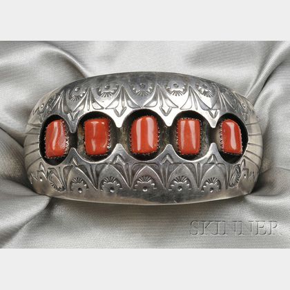 Navajo Sterling Silver and Coral Cuff Bracelet, P. Benally