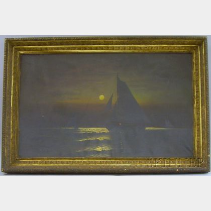 Framed American School Oil on Canvas Nighttime Sailing Scene