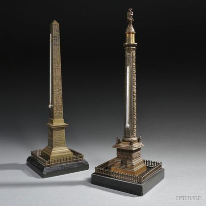 Two Grand Tour Large Bronze Desk Thermometers Cast as Parisian Monuments