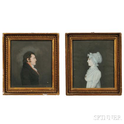 Anglo/American School, Early 19th Century Pair of Small Profile Portraits of a Gentleman and Lady