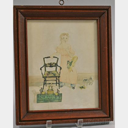 Framed Watercolor of a Girl Playing with Toys
