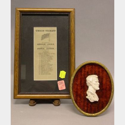 Framed 1864 Abraham Lincoln/Andrew Johnson Union Ticket and a Mounted Plaster Lincoln Profile Bust. 