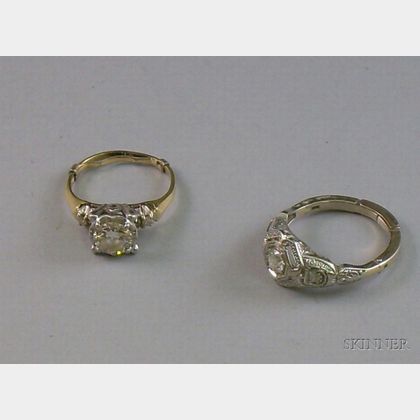 Two Art Deco 14kt Gold and Diamond Rings