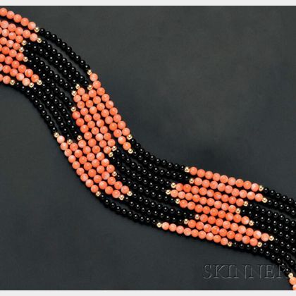 Multi-strand Coral and Onyx Bead Necklace