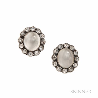 Silver, Moonstone, and Diamond Earrings
