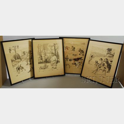 Set of Four Framed (Vincenzo) Zito Hunting Dogs Cartoon Prints