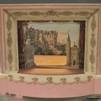 Collection of Lithograph Puppet Theatre Backdrops and a Gilt and Paint-decorated Puppet Theatre Proscenium