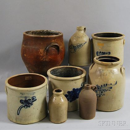 Eight Mostly Cobalt-decorated Stoneware Vessels