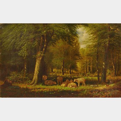Clinton Loveridge (American, 1838-1915) Sheep in a Woodland Pasture