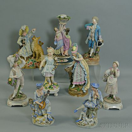 Nine Large Bisque Porcelain Figures