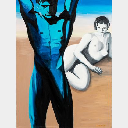 American School, 20th Century Blue Male Nude and Female Nude in a Landscape