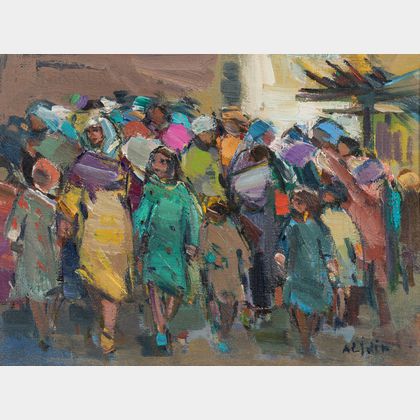 Khalid Al-Jadir (Iraqi, 1924-1988) Colorful Figures on a Crowded Street