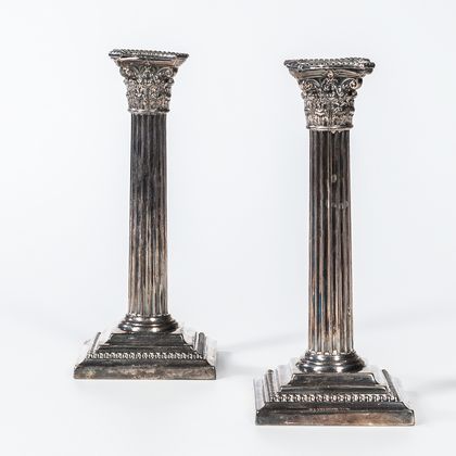 Pair of Gorham Sterling Silver Column Candlesticks