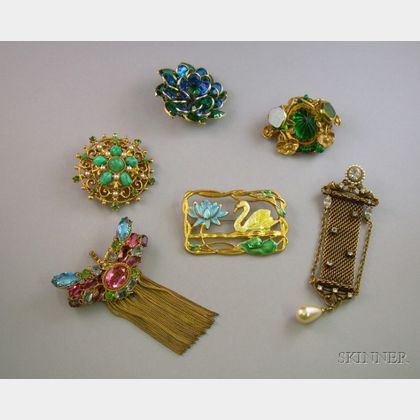 Six Vintage Costume Brooches