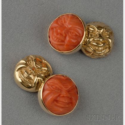 18kt Gold and Carved Coral Cuff Links