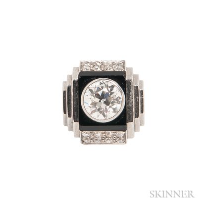 Art Deco Platinum, Onyx, and Diamond Ring, Rene Boivin