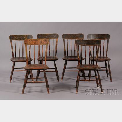 Set of Six Paint-decorated and Gilt-stenciled Side Chairs