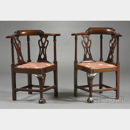 Near Pair of Chippendale-style Carved Mahogany Child's Corner Chairs