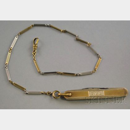 Bicolor 14kt Gold Watch Chain and Pocketknife