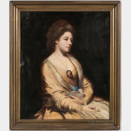 British School, Late 18th Century Style Seated Woman in Yellow Cradling a Dove