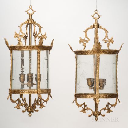 Pair of Gilt-metal and Wheel-etched Glass Hall Lanterns