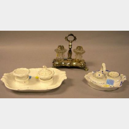 Two Porcelain Inkstands and a Silver Plated and Glass Inkstand. 