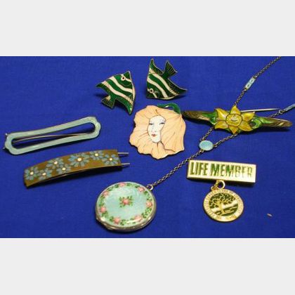 Silver and Enamel Pendant Locket and Chain, Five Enameled Pins and a Pair of Enamel Clips. 