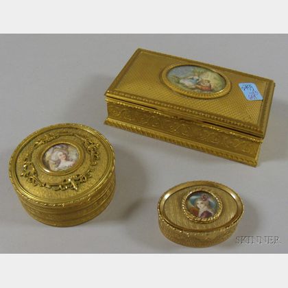 French Gilt-metal Cigarette Box and Two Small Trinket/Jewel Boxes Mounted with Miniature Hand-painted and Print... 