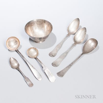 Arthur Stone Sterling Silver Footed Bowl and Coin Silver Serving Spoons.
