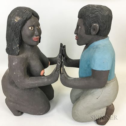 Two Contemporary Folk Art Carved and Painted Kneeling Figures