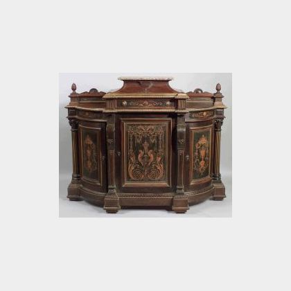 American Renaissance Revival Inlaid and Parcel Gilt Rosewood Side Cabinet, third quarter 19th c., the stepped center section with marbl