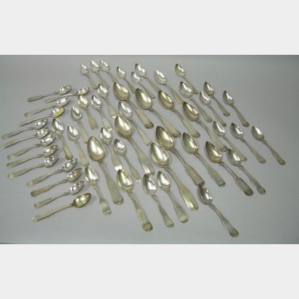 Approximately Fifty-two Assorted Coin Silver Spoons. 