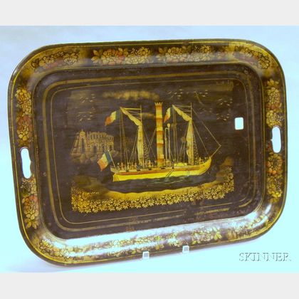 Gilt Stenciled Steam-powered Vessel Decorated Painted Tole Tray. 