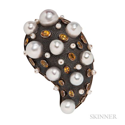 Large 18kt Gold and Sterling Silver, Citrine, and Cultured Pearl Pendant/Brooch, Marilyn Cooperman