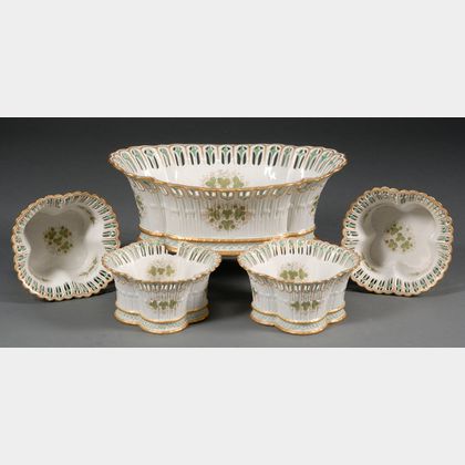 Chinese Export Porcelain Reticulated Porcelain Fruit Basket and Four Lobed Bowls