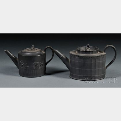 Two Elijah Mayer Black Basalt Teapots and Covers