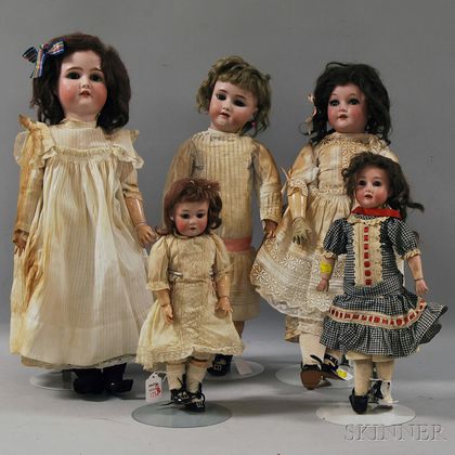 Five German Bisque Head Dolls