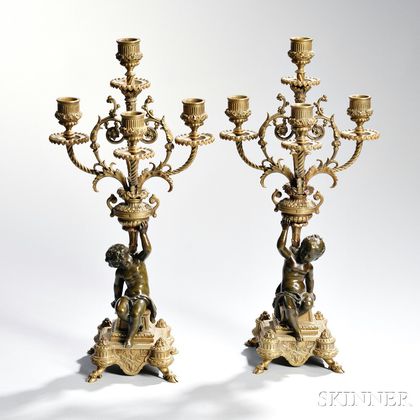 Pair of Continental Bronze Patinated and Gilt-bronze Candelabra