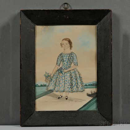American School, 19th Century Girl in a Blue and White Dress with a Basket of Flowers