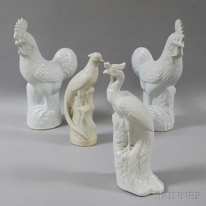 Two Blanc-de-chine Porcelain Roosters and Two Peacocks